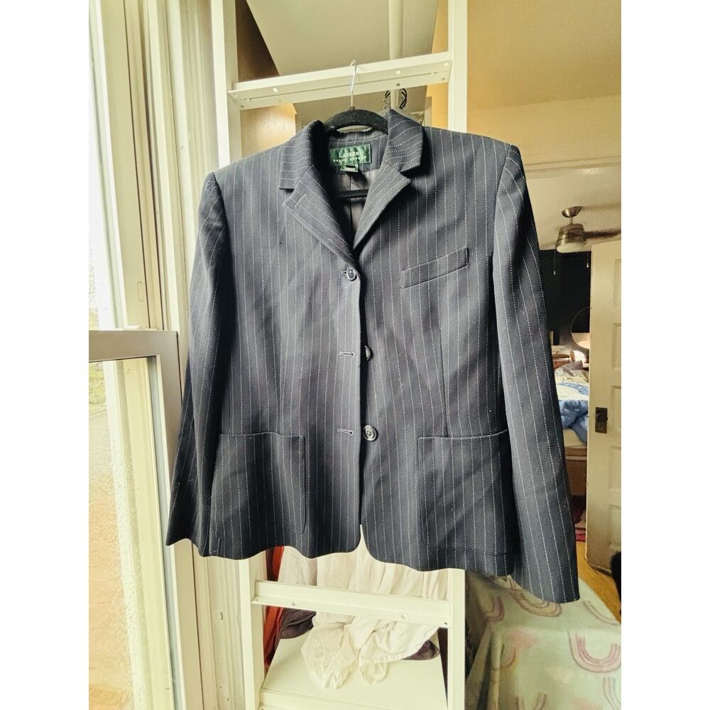 vtg Ralph Lauren 90s Navy Blue Pinstripe Wool Blazer Suit Coat Womens 14